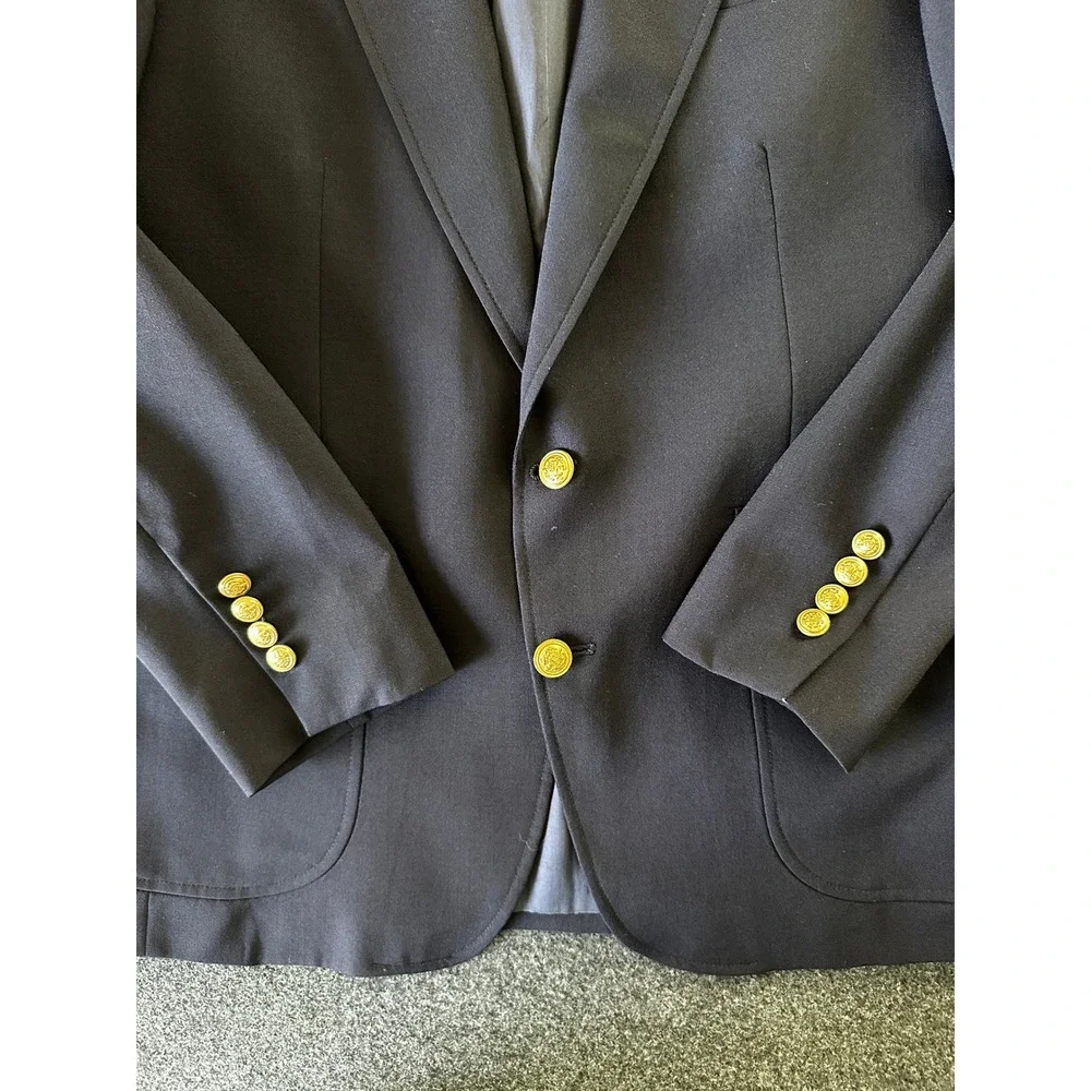 Lands End Mens 40R Navy Blue 100% Wool Blazer Gold Crest Button Sport Coat 40 R